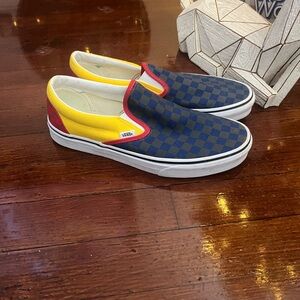 Vans Mens Blue and Yellow Checkerboard Slip-Ons